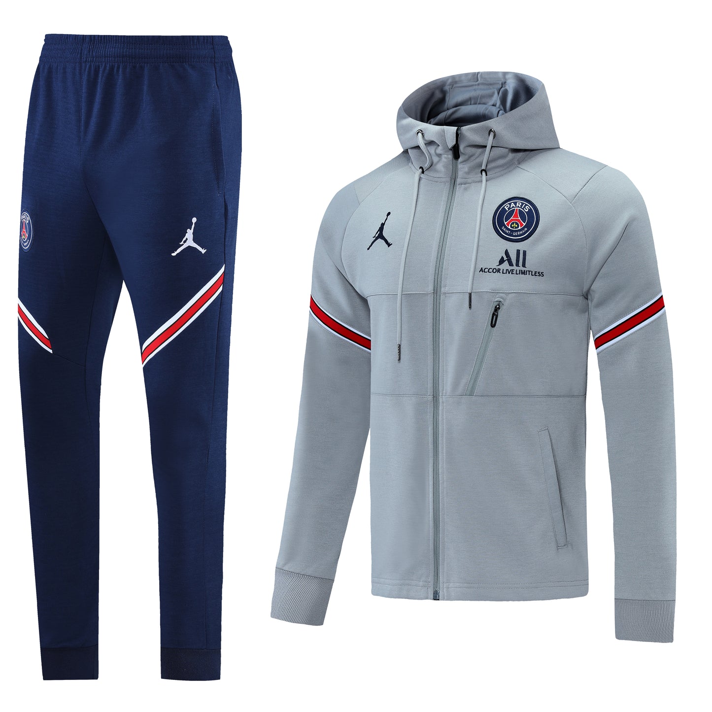 Paris Saint German 21/22 Full-Zip Hooded Tracksuit - Grey / Navy Blue